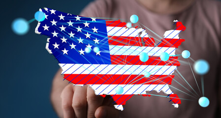 Digital map of the United States showcasing interconnectedness. Ideal for technology, business, and...