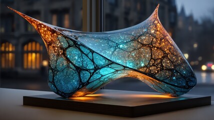 Abstract Sculpture with Glowing Elements and Intricate Patterns