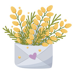 Bouquet of yellow flowers in an envelope on a white background. Spring, floral vector illustration.