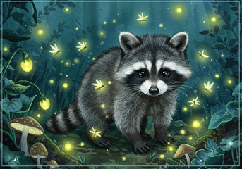 Adorable Raccoon Illustration: Night in the Forest