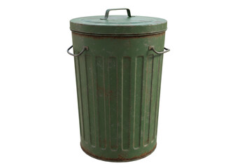 Isolated Old Green Metal Trash Can with Rust
