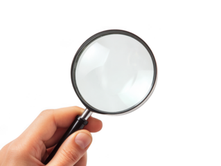 Hand holding magnifying glass isolated on transparent background