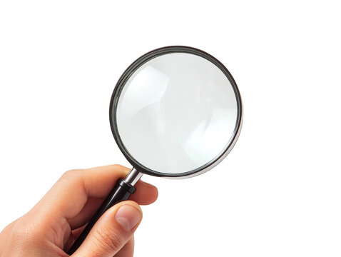 Hand holding magnifying glass isolated on transparent background