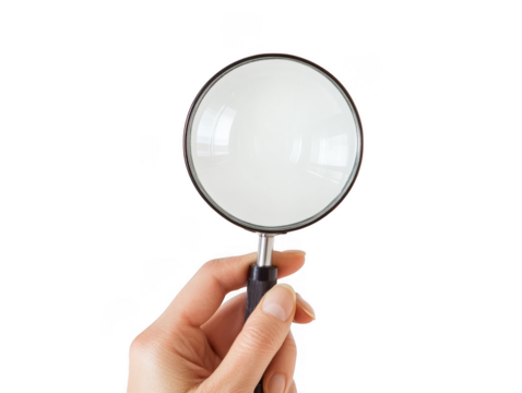 Hand holding magnifying glass isolated on transparent background
