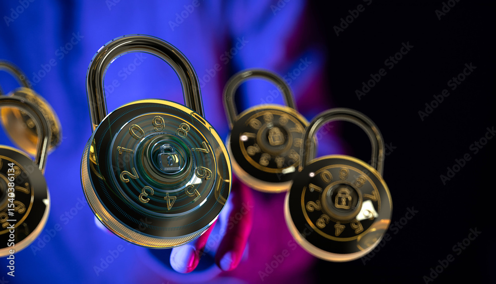 Poster Secure your digital assets.  Image of combination locks symbolizes online security and data protection.