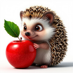 3d image of a cartoon hedgehog with a red apple on a white background.