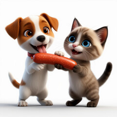 3D image of a cartoon Jack Russell terrier puppy and a kitten with a sausage on a white background.