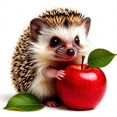 A small hedgehog with a red apple on a white background.