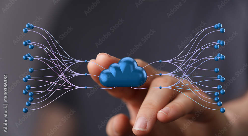 Poster high-quality stock photo depicting cloud computing, network connections, and data flow. ideal for te