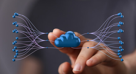 High-quality stock photo depicting cloud computing, network connections, and data flow. Ideal for...
