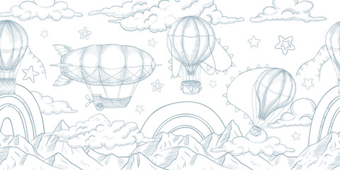 Vector illustration with hot air Balloons, rainbows, mountains, clouds, and stars. Linear drawing of seamless Pattern with Airships in a hand drawn sketch style for nursery wallpaper or Baby banner. © Alisles