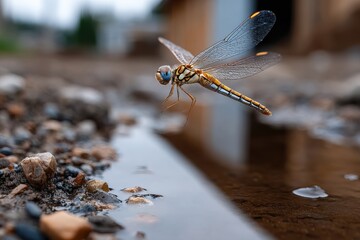 A dragonfly captured in motion, hovering gracefully above a dirt pathway, illustrating the delicate movement of nature and the beauty of small creatures in their environment.