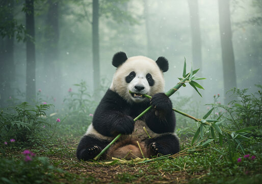 Adorable Panda Cub Eating Bamboo in Misty Forest Photo