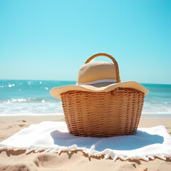 Summer Picnic Basket with Hat Near Ocean

