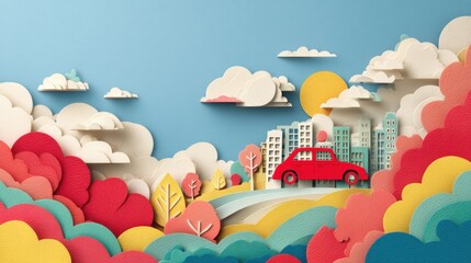 Colorful paper cut landscape with car.  A vibrant, whimsical scene of a city and countryside, crafted from paper cutouts