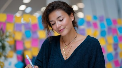 Young woman writing thoughtfully in a creative workspace surrounded by colorful notes