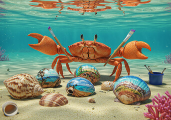 Artistic Crab Painting Seashells Underwater: 3D Render