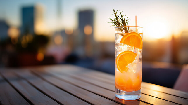 Refreshing mocktail with orange slices and ice cubes in a tall glass on wooden table during golden hour rooftop sunset. 
