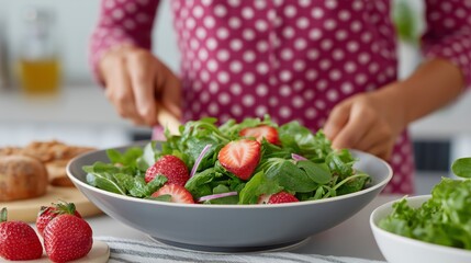 Preparing a fresh spinach and strawberry salad in a modern kitchen setting