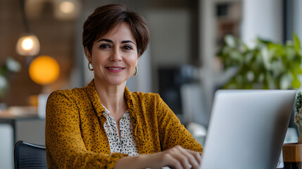 Graphic designer working on branding, middle-aged Hispanic woman with short brown hair, modern office, clean layout, minimal elements