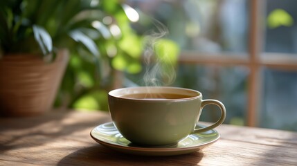 Warm cup of tea on a wooden table with steam rising in a cozy setting