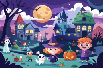 A spooky cartoon illustration depicts a Halloween night scene with a haunted house, scary castle, moon, and bats, along with a witch, cat, and pumpkin for a holiday horror art vibe