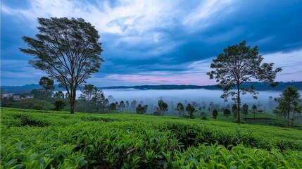 Lush tea plantation with foggy landscape at dawn in a serene valley setting