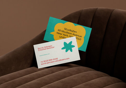 Business Card Mockup &ndash; Modern Branding Presentation on Velvet Chair for Creative Identity Showcase