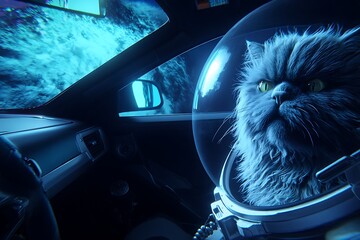 Astronaut Cat drives spaceship through space