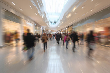 A busy shopping mall with people walking around and shopping. The image is blurry, giving it a sense of motion and activity