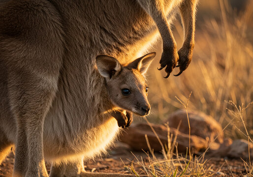 Baby Kangaroo in Mother's Pouch: Golden Hour Wildlife Photo