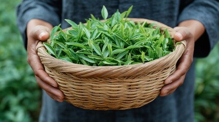 Freshly harvested green leaves in a woven basket held by a person in a rural setting
