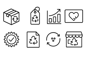 Ethical Consumption Icons. Line style icons of ethical consumption: second-life product icon, repurposed good tag, resale chart,
