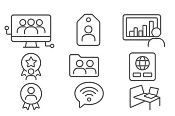 Digital Inclusion Icons. Line style icons of digital inclusion: community tech hub icon, local support tag, open lab chart, device