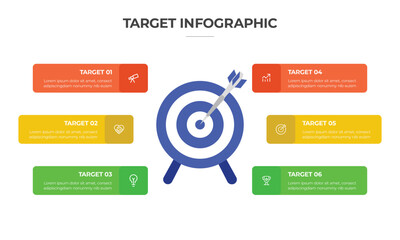 Target Infographic Template with Arrow Hitting Bullseye, Business Goals, Strategy, and Success Concept
