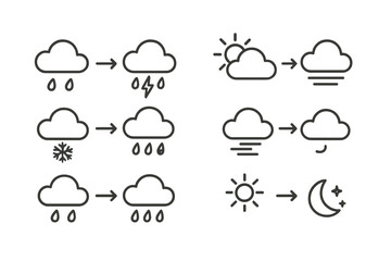 Weather Transition Icons. Line style icons of weather transitions: cloudy to rainy, rainy to stormy, sunny to cloudy, fog to clear