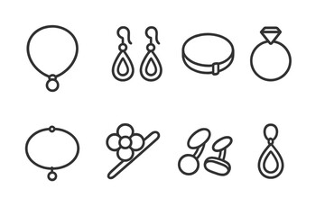 Jewelry Line Icons. Line style icons of jewelry: necklace, earrings, bracelet, ring. anklet, brooch, cufflinks, pendant.