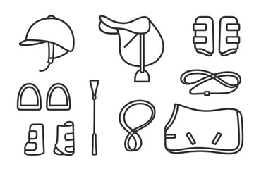 Equestrian Gear Icons. Line style icons of equestrian gear: riding helmet, saddle, bridle, horse boots. stirrups, crop whip, reins