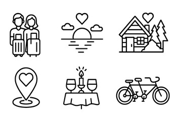 Romantic Travel Icons. Line style icons of romantic travel: couple luggage, sunset view, love lock bridge, cozy cabin. heart map