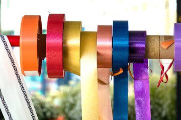 Colorful decorative ribbon tapes on market for gift boxes packaging
