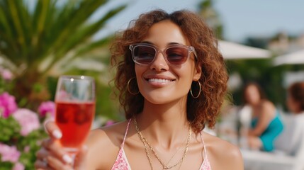 Smiling woman enjoys drink at poolside gathering during sunny afternoon
