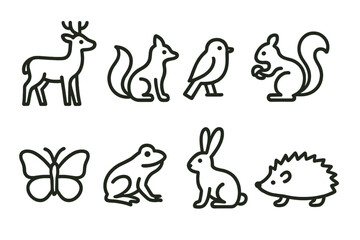 Line Style Fauna Icons. Line style icons of fauna in nature: deer, fox, bird, squirrel. butterfly, frog, rabbit, hedgehog.