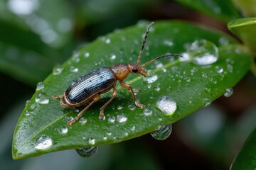 Naklejka premium A macro image of a beetle sitting on a green leaf, adorned with droplets of water, showcasing the vibrant colors and textures that illustrate nature's diversity.