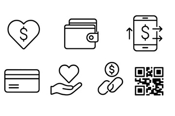 Digital Donation Icons. Line style icons of digital donation: heart with dollar, online wallet, donation button, phone transfer.