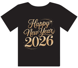 Elegant Gold "Happy New Year 2026" Script T-Shirt Design with Sparkles
