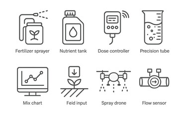 Smart Fertilizer Icons. Line style icons of smart fertilizer systems: fertilizer sprayer, nutrient tank, dose controller,