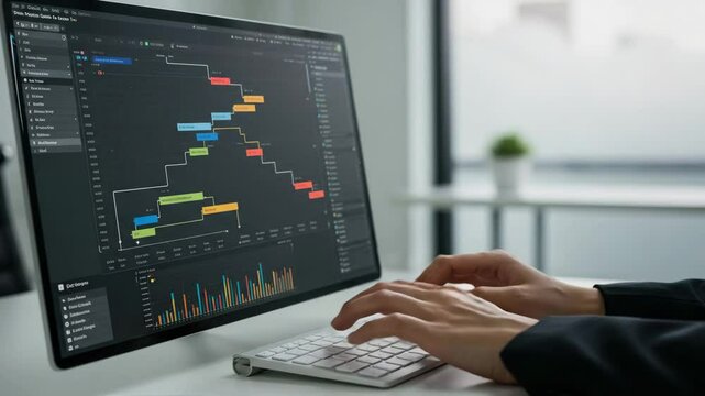Analyzing data trends with interactive software in a modern office setting