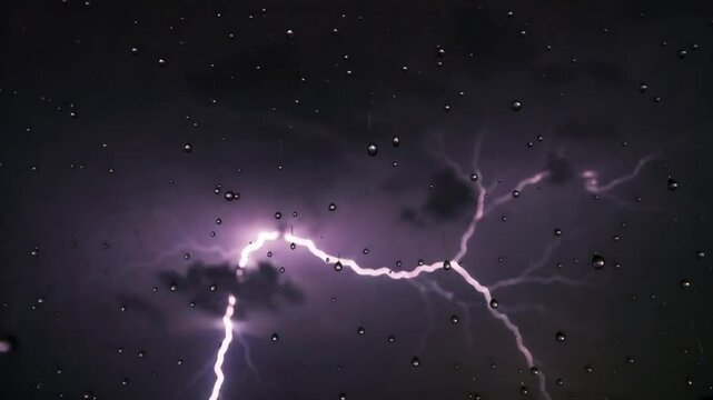 Dramatic lightning strikes during a rainstorm at night