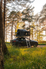 A modern SUV with a foldable rooftop tent parked in a forest. Tall pine trees surround the vehicle, with sunlight filtering through the branches.