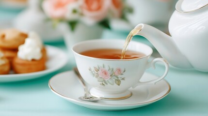 Elegant afternoon tea setting with delicate china and pastries